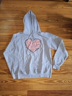 Custom Pink Heart Spiderweb Graphic Hoodie Gray Pullover Sweatshirt Small